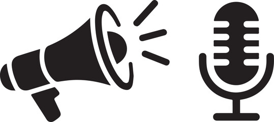 Megaphone and microphone silhouette isolated on white background
