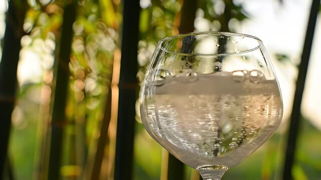 Filled wineglass with greenery reflections, bokeh background