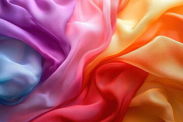 Obraz premium Rainbow colored silk fabric draped elegantly across a rustic wooden table, creating a vibrant and whimsical contrast.