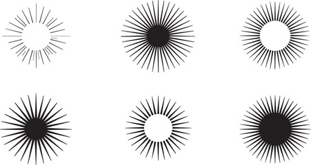 Six sunburst silhouettes isolated on white background