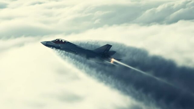 Supersonic fighter jet makes high speed pass, leaving vapor trail in the cloudy sky, Supersonic F 35 Fighter Jet High Speed Pass with Vapor Cone to Vertical Climb TRACK
