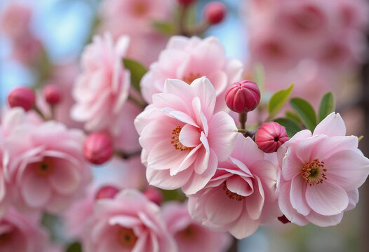 Blooming orchard. Close-up of spring pink flowers on fruit tree branches.