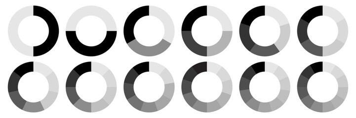Naklejka premium Circle division 1, 2, 3, 4, 5, 6, 7, 8, 9, 10, 11, 12 equal parts blank. Circle divided diagrams, sections, segments. Circle pie chart infographic wheel segment fraction. Infographic icons set vector.