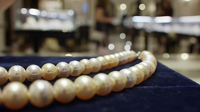 Elegant Pearls Cascading on Blue Velvet High Angle Close Up Capturing Luxury Jewelry and Its Shiny Iridescence with Refined and Expensive Craftsmanship