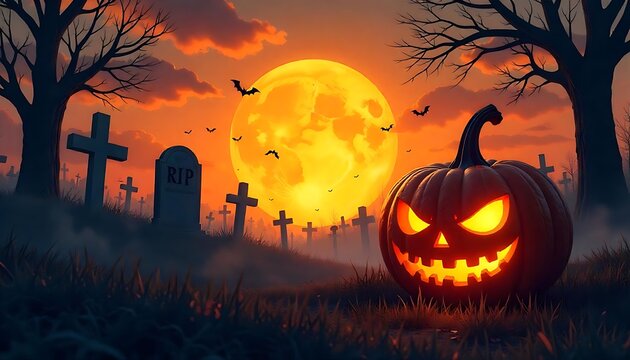 Spooky Halloween Scene featuring a Jack-o'-lantern glowing under a Harvest Moon in a graveyard setting