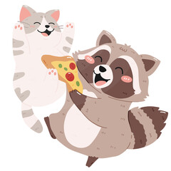 Cute funny raccoon and pizza with cat friend cartoon