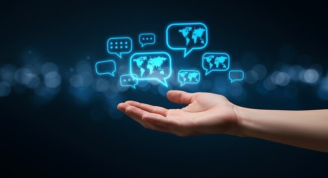 Human hand holding glowing chat bubbles with world map icons illustrating global communication - Powered by Adobe