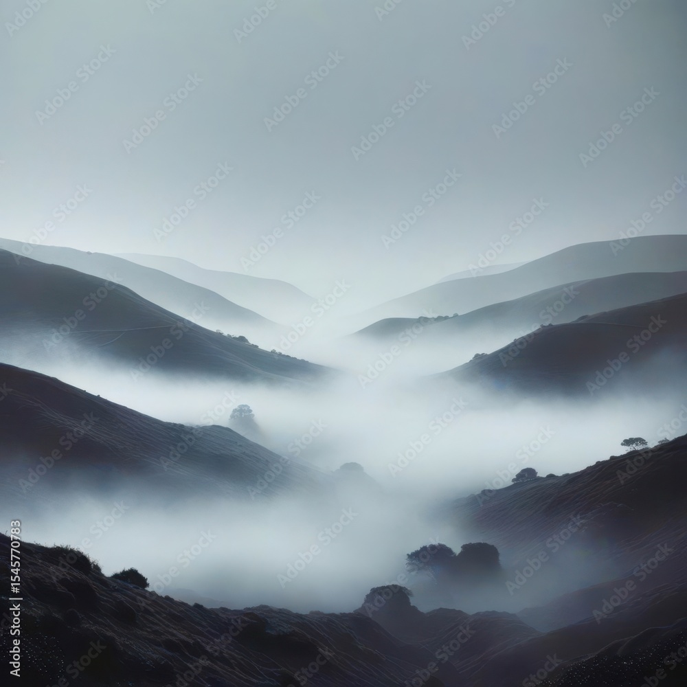 Poster the foggy mountains are covered in trees and the sky is cloudy