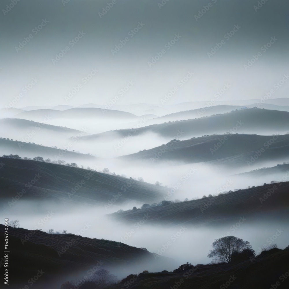 Poster the foggy mountains are covered in trees and the sky is cloudy