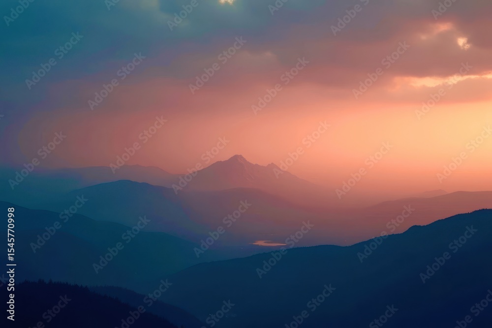 Poster a mountain range with a beautiful sunset in the background