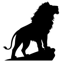 Majestic Lion Silhouette Standing on Rock Vector Illustration Isolated on White Background