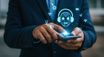 Businessman interacting with ai technology on his smartphone for future communications
