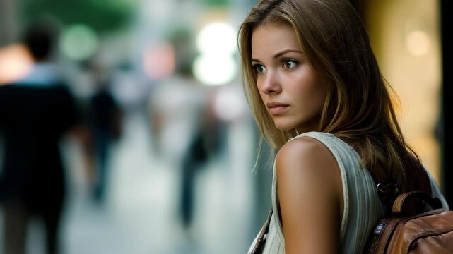 Woman on busy city street unaware of open purse and potential theft risk, Woman on city street is unaware that her purse has been stolen by pickpocket