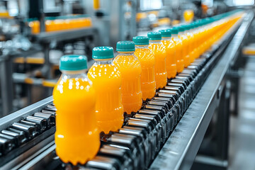 Fototapeta premium Orange juice bottles on conveyor belt in factory