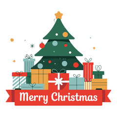 Merry Christmas Decorated Tree with Presents and Snowflakes Flat Illustration


