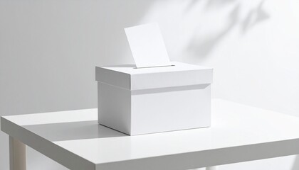 白を基調としたマットな背景に配置された投票箱と用紙が選挙の本質を表現

