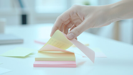 Close-up of a hand lifting pastel-colored sticky notes from a stack on a white desk. Soft daylight and blurred background enhance the peaceful office scene.