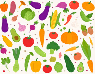Colorful Vegetable Illustration Pattern on White Background