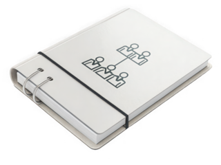 White notebook with organizational chart; teamwork, connection, strategy concept