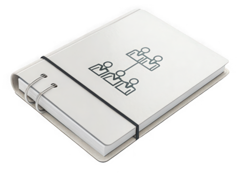 White notebook with organizational chart; teamwork, connection, strategy concept