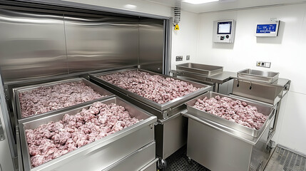 Raw meat in stainless steel containers food production facility