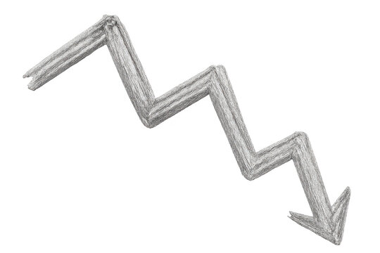 Downward zigzagging pencil arrow declining on transparent background, signaling negative financial trend or performance drop