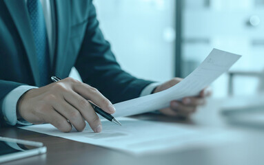 Close-up of hands reviewing and marking business documents at an office desk. The scene captures precision and attention during professional tasks.
