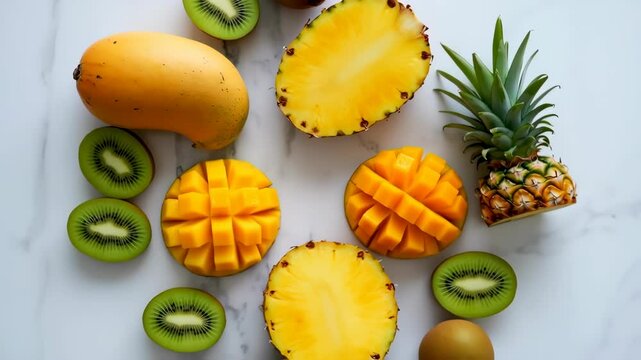 Tropical fruits, slice of mango and pineapple 