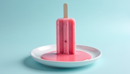 Delicious Pink Popsicle Melting on White Plate with Light Blue Background for Summer Treats