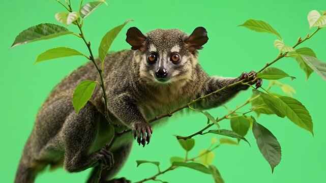 Wide-eyed cuscus clings to leafy branch against a vibrant green backdrop