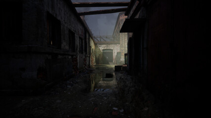 光が差し込む薄暗い工場内の細い通路