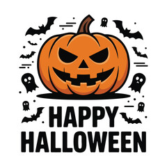 Spooky Jack-o'-lantern with Bats and Spiderwebs for Happy Halloween

