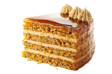 honey cake  with delicate layers and a glossy honey glaze, isolated on white