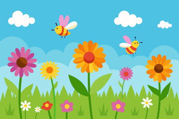 Vibrant Spring Meadow Bees and Blossoms in Full Bloom