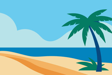 Obraz premium Serene Tropical Beach Scene Palm Tree, Ocean, and Sandy Shore Illustration