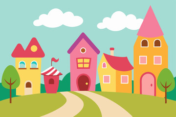 Fototapeta premium Charming Cartoon Village Colorful Houses, Winding Road, and Happy Homes