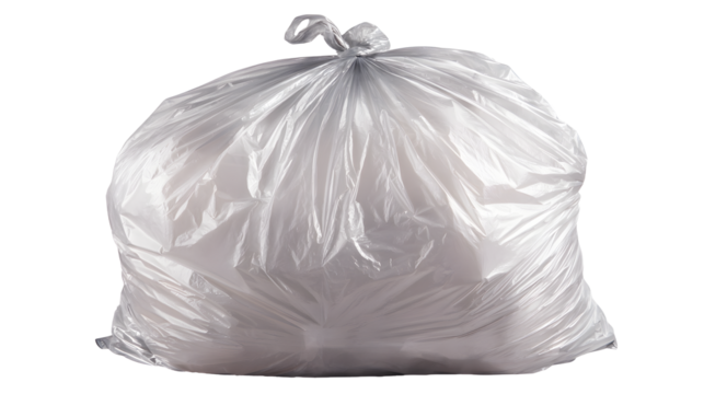 Trash Bag: A transparent plastic trash bag, fully loaded and ready for removal, symbolizing waste, disposal, and environmental responsibility.