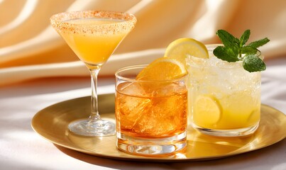 Three refined summer cocktails on a golden tray, left drink is a spicy margarita in a martini glass with chili salt rim, center is an old fashioned with orange peel and clear ice cub, Generative AI