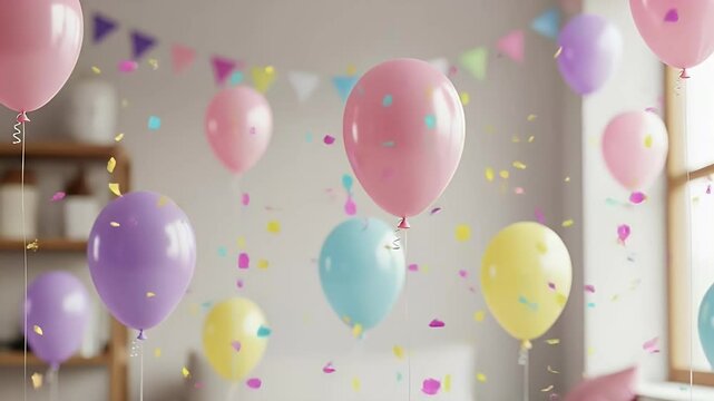 部屋を飾るパステルカラーの誕生日風船と紙吹雪