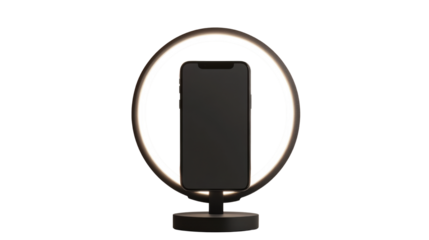 Modern smartphone placed on adjustable stand for display and use isolated on white background
