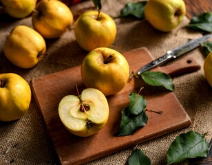 ripe whole yellow apples on a brown wooden board, close up