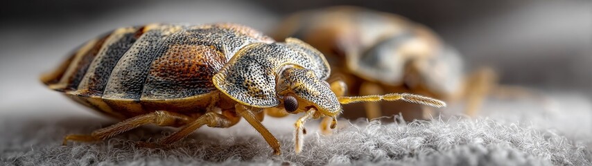 Fototapeta premium Bed Bug Macro Detail, an intricate examination of a bed bug, isolated against a bright white backdrop, showcasing its features in a clean and minimalist setting.