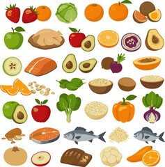 Create a kinds of deferent fruit, food, apple, orange, isolated, collection, vegetable, white, set, vegetables, banana, pear, vector art with white background.