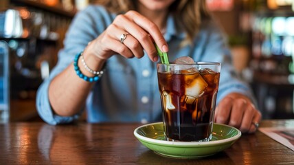 Close up woman hand holding ice black coffee in coffee shop
