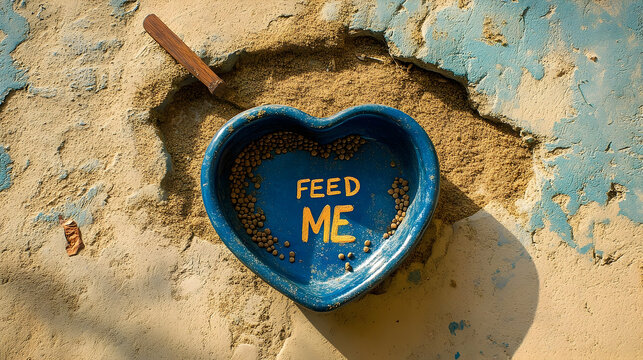 Heart shaped pet food bowl on weathered wall