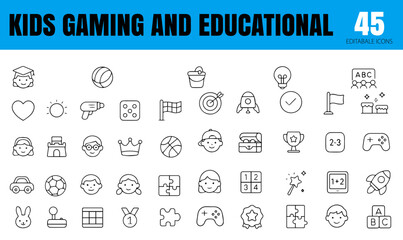 Kids’ Gaming and Educational Line Icons,  Gamepad, Puzzle, ABC, Tablet, Quiz, Book, Brain, Star, 
