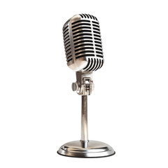 Vintage silver microphone on stand music recording studio podcast broadcasting isolated on a transparent background