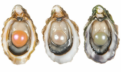 Oysters with colorful pearls close up studio shot of three shells