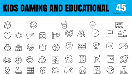 Kids’ Gaming and Educational Line Icons,  Gamepad, Puzzle, ABC, Tablet, Quiz, Book, Brain, Star, 

