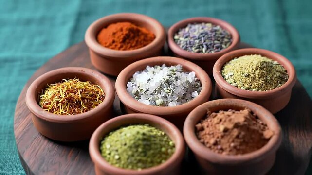 Spice Assortment in Terracotta Bowls on Dark Wood Platter High Angle Pan Down Displaying Vibrant Saffron Chili Powder Oregano Salt Couscous Cocoa Powder Herbes De Provence